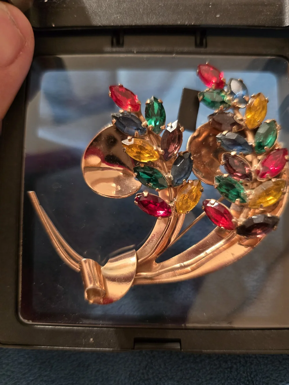Coro Uranium Glass Gold-Tone Sterling Multicolor Marquise Crystal Floral Brooch